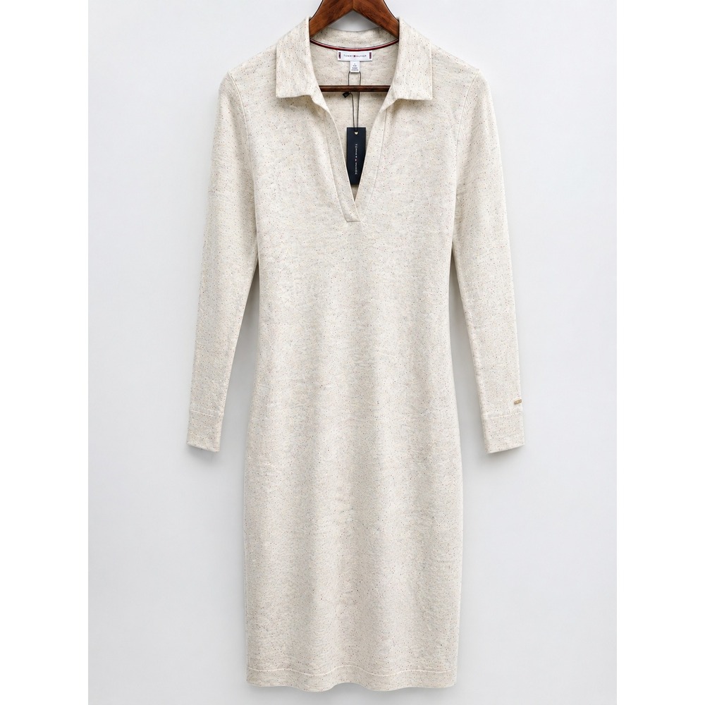 Tommy Hilfiger Heather Beige Collared V-Neck Long Sleeve Sweater Midi Dress XS